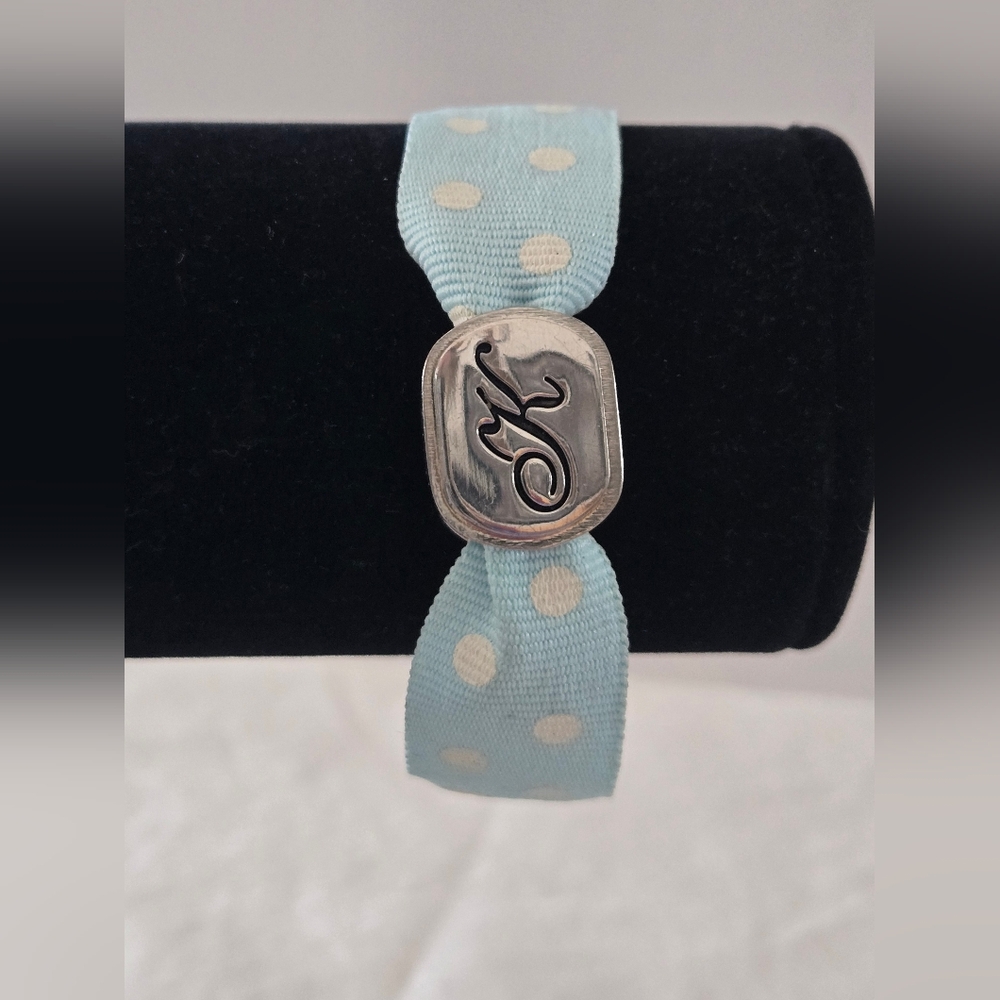 Monogrammed "K" Silver Toggle Ribbon Bracelet in Light Blue with Polka Dots
